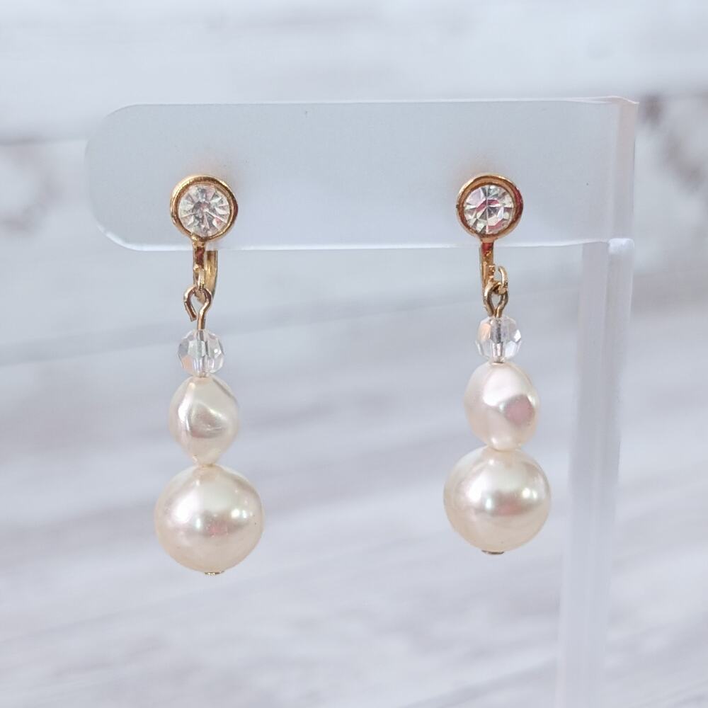 Vintage Screw On Earrings Faux Pearl & Clear Gem Dangle - Gold Tone